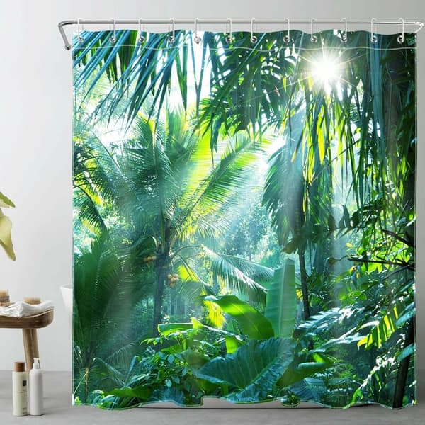 Duschdraperi 180x200cm Djungelskog, Tropiska Växter Gröna Bananblad Badrumsdraperi Vattentätt Mögelresistent Tvättbart Polyestertyg C-FS-