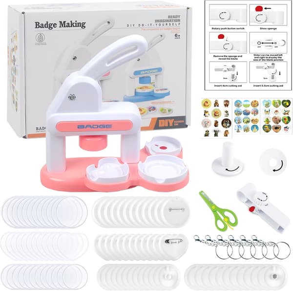 3-in-1 Badge Machine, Upgraded No-Assembly Button Maker for Artists with 86 Pieces, DIY Pin Maker Press Machine Badge Punch Kit Gift Pink