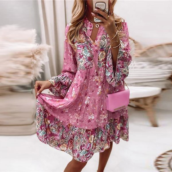 Kvinner Sommer Langermet Kjoler Blomstertrykk Strand Minikjole Pink-FS2- Pink XL
