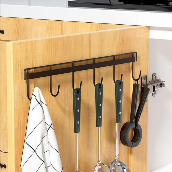Pieces Kitchen Utensil Holder, Kitchen with 6 Hooks, Storage Rack for Kitchen/Bathroom without Drilling (Black)-FS-