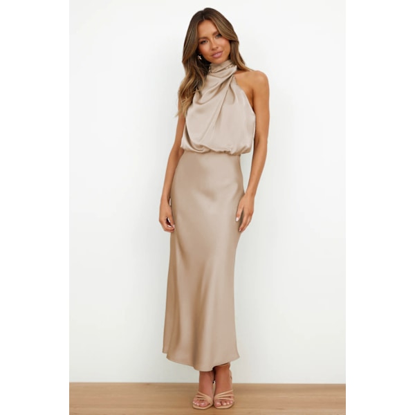 Högkvalitativ satinklänning utan ärmar, fashionabel elegant aftonklänning för kändisar, aprikos M-X41- apricot m
