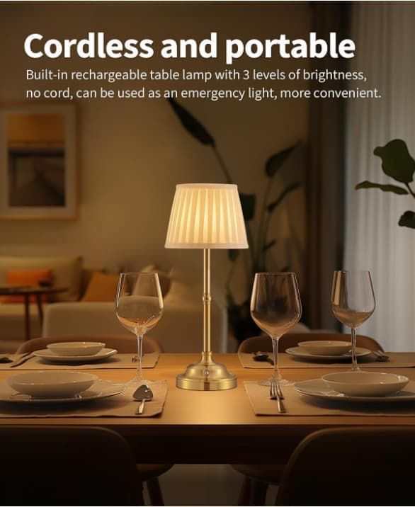 Wireless Lamp with Fabric Table Shade - Rechargeable 2000 mAh, Dimmable with 3 Light Modes, for Dining Room, Bedside Table, Bar, Night Light, Camping Svart