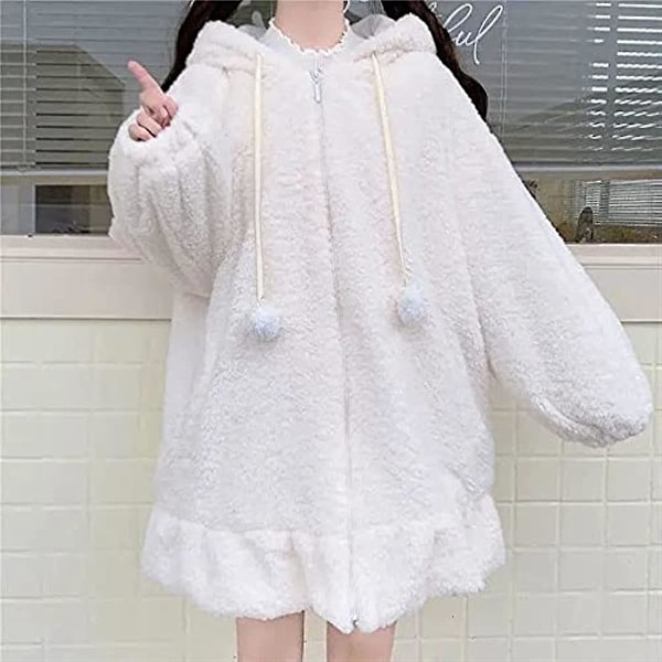 Söpö Bunny Ear Huppari Fuzzy Fluffy Rabbit Villapaita Collegepaita Puserot Pitkähihainen Kawaii Takki Takit valkoinen XL white-FS4- white xl