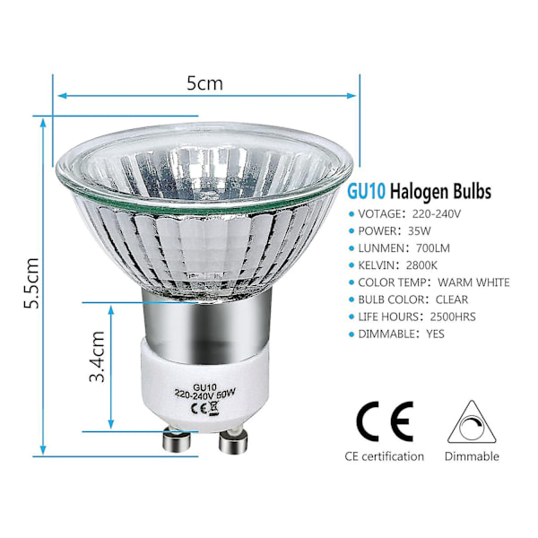 8 kpl Gu10 halogeenilamppuja 35W, 220V Gu10 halogeenispotit 2800k lämmin WELLNGS:ltä