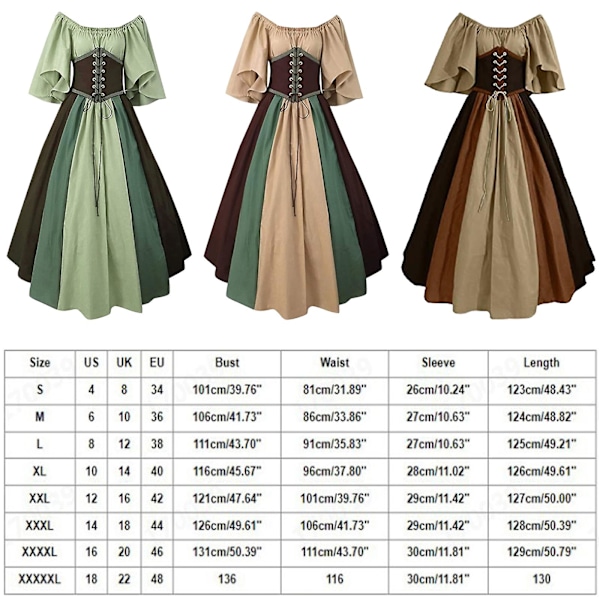Medeltida kläder dam kortärmad gotisk klänning brun Brown Brown 3XL