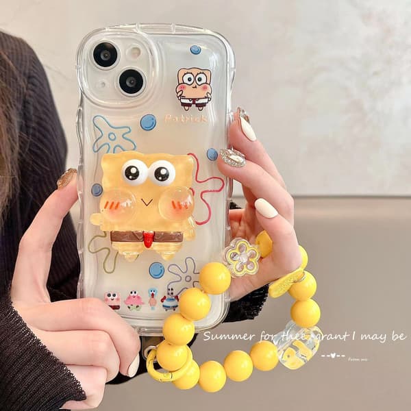 Compatible Cute Case for iPhone Kawaii with Stand and Pendant Cartoon Transparent Soft TPU Phone Case Spongebob Spongebob