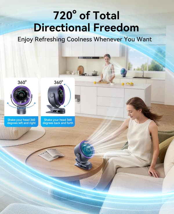 Powerful Portable Clip-On Fan, 100 Speed Settings, USB Rechargeable, LED Display, and 360-Degree Rotation for Strong A