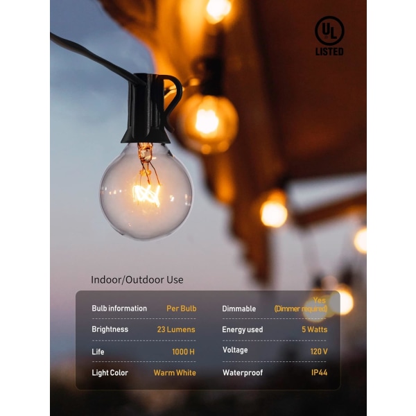 25 fot utendørs strenglys G40 Globe utelys Vanntett tilkoblingsbart hengende lys for veranda Balkong Festdekor, E12 Sockelsokkel, svart