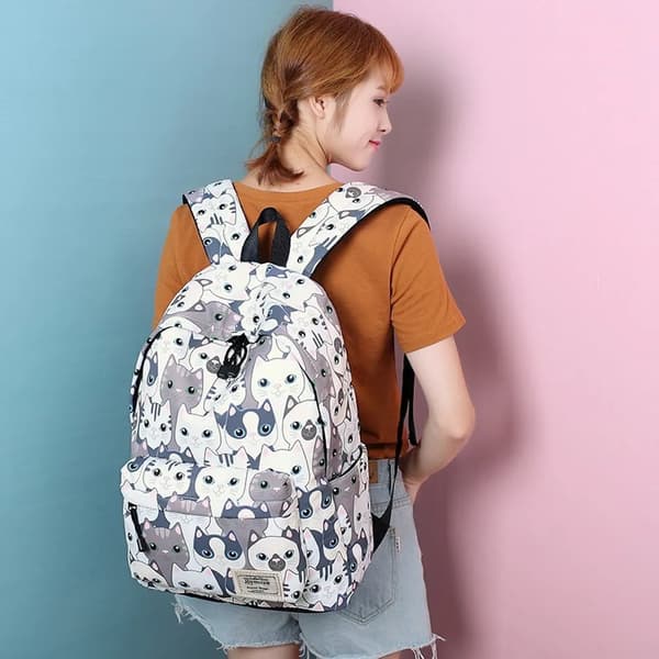 Girls Backpack Blue-School Backpack-Print (Cat)