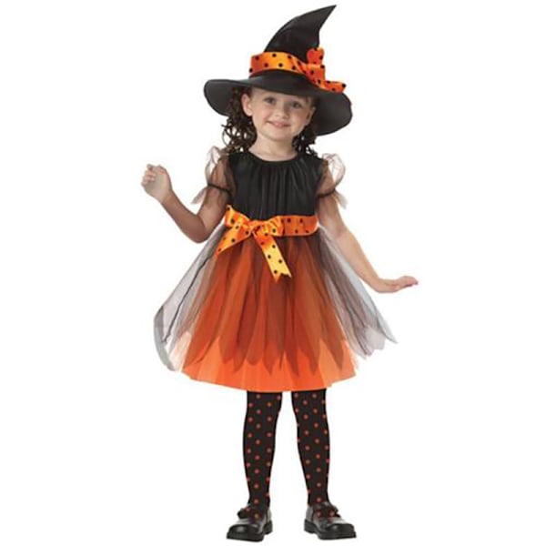 Lasten Tyttöjen Noitamekko Hattu Halloween Cosplay Puvut Juhla Deko Oranssi orange 90cm