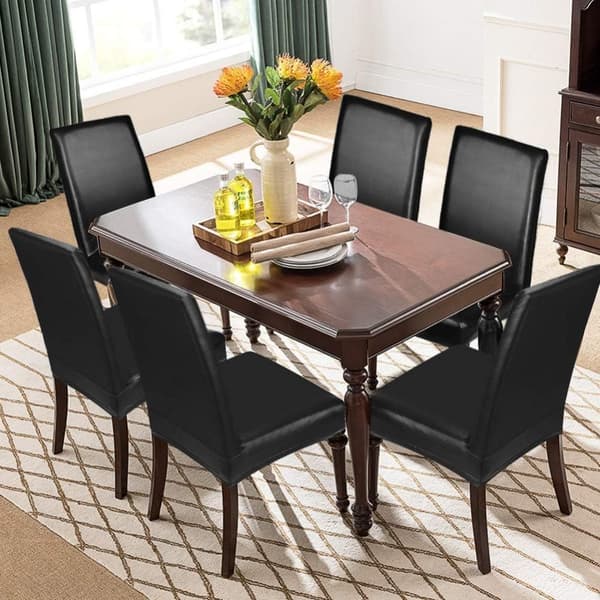 Dining Chair Covers, Solid Color PU Leather, Waterproof and Oil-proof Stretch Dining Chair Slipcovers (Black, 4-Pack)-FS-