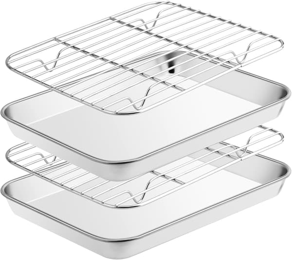 Bageplade i rustfrit stål med kølestativ 2 stk, rektangulær 23,5x17,5x2,5cm, giftfri grillbakke til ovn, opvaskemaskine sikker bageplade sæt