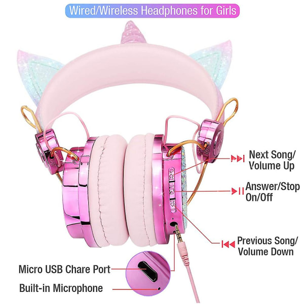 Trådlösa hörlurar för barn Enhörningshörlurar med justerbart huvudband (roseguld)