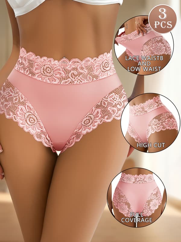 3 stk. solide høytlivs truser med blonde-panel for kvinner XXL Pink