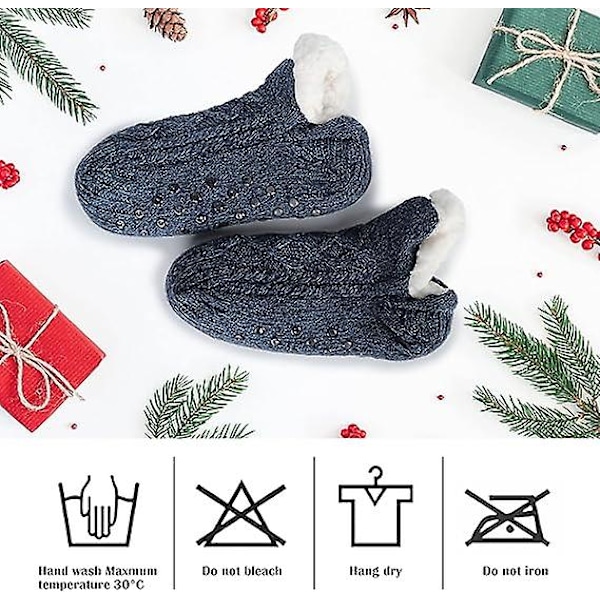 Tossut Naiset miehet sukat - Tossusukat, lämpimät talvi Lämpimät talvivuoratut liukueste neulotut fleece sukat tossut koko 37-41, laivastonsininen-FS1-