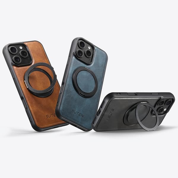 SUTENI Magnetisk Trådløs Ladeetui med 360° Roterende Ringstativ, Kunstskinn iPhone 15 Plus Blue