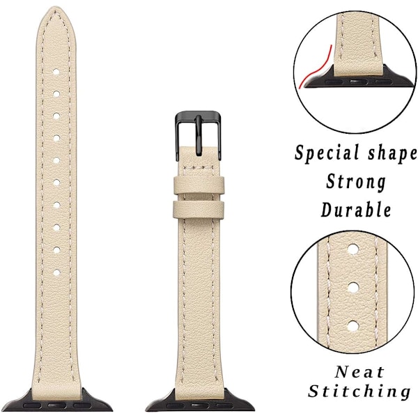 Ohut nahkaranneke, yhteensopiva Apple Watch -rannekkeen 38 mm kanssa, beige mustalla