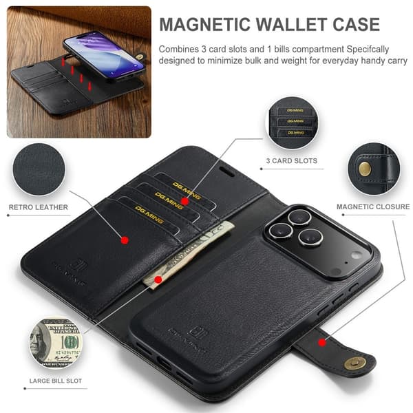 DG MING iPhone 17 Pro Max 2-in-1 Magnetic Wallet Case - Black Svart black