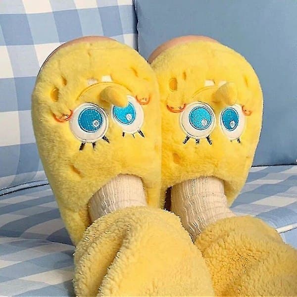 Kawaii Svampebob Firkant bomullstofflor för barn och vuxna, varma halkfria vintertofflor