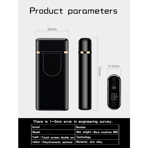 Kompakt elektrisk lighter med fingeraftrykssensor, micro-usb sort black