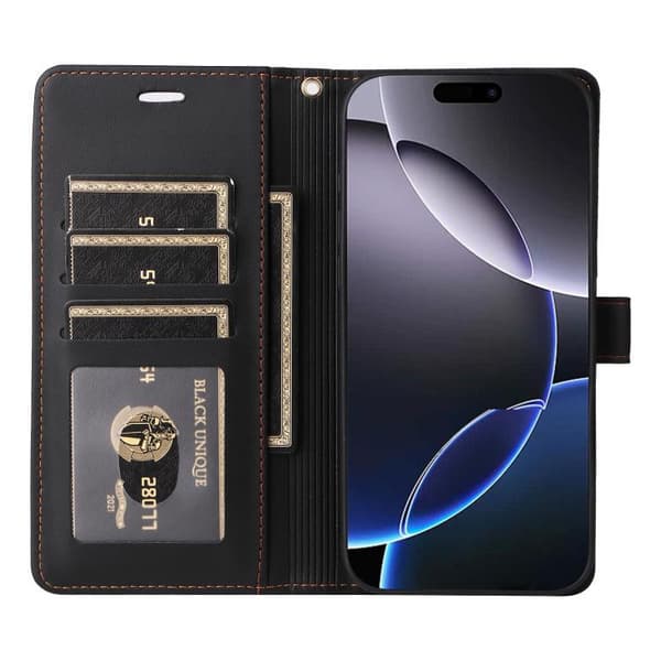 iPhone 17 Pro Max Leather Case with Six Card Slots and Strap Svart