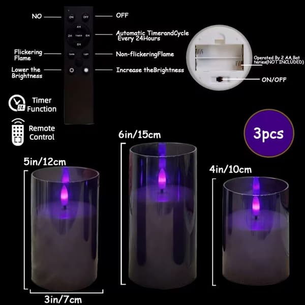 Flammefrie LED-lys med fjernkontroll, timer og dimming for borddekorasjon 3pc BlkPurp+Rem