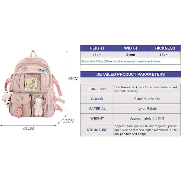Kawaii-ryggsäck med söt plyschhänge och kawaii-nålar, estetisk ryggsäck Söt Kawaii-ryggsäck för skolan (FMY)