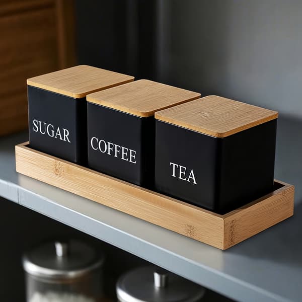 Metallförvaringsburksset för kaffebönor, socker och te, köksorganisation 3pcs/set, Blk