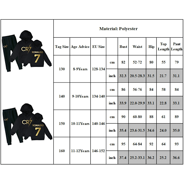 Børns Drenge Piger Træningsoverall CR7 Ronaldo Hoodie + Bukser Outfit Jersey Fødselsdagsgave 160cm