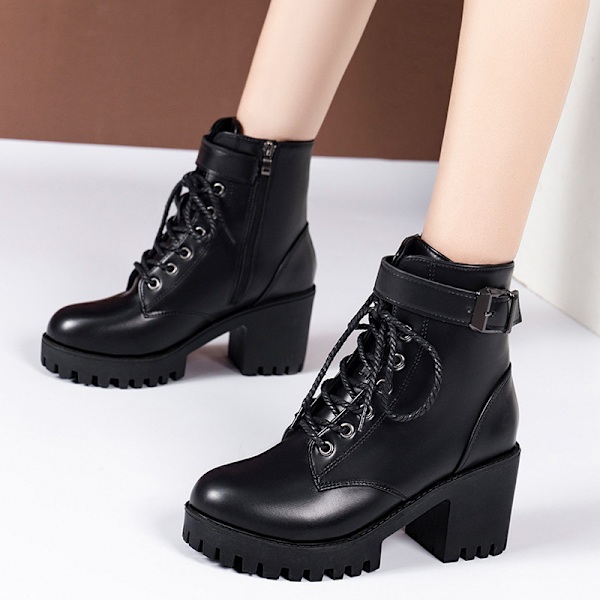 Damskor Högklackat Vinter Ljusbrun Chunky Platform Sock Boots Skor Kvinnor Mellanhöga Tjock Klack Stövletter Storlek-FS1- 36