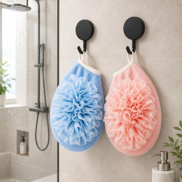 2-pack badluffahandskar med krokar – blå för män, rosa för kvinnor, exfolierande duschset