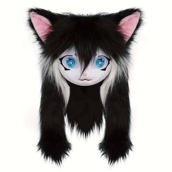 Dyrehode Kattefursuitmaske for Halloween-maskerade og Cosplay-kostymerekvisitter Black