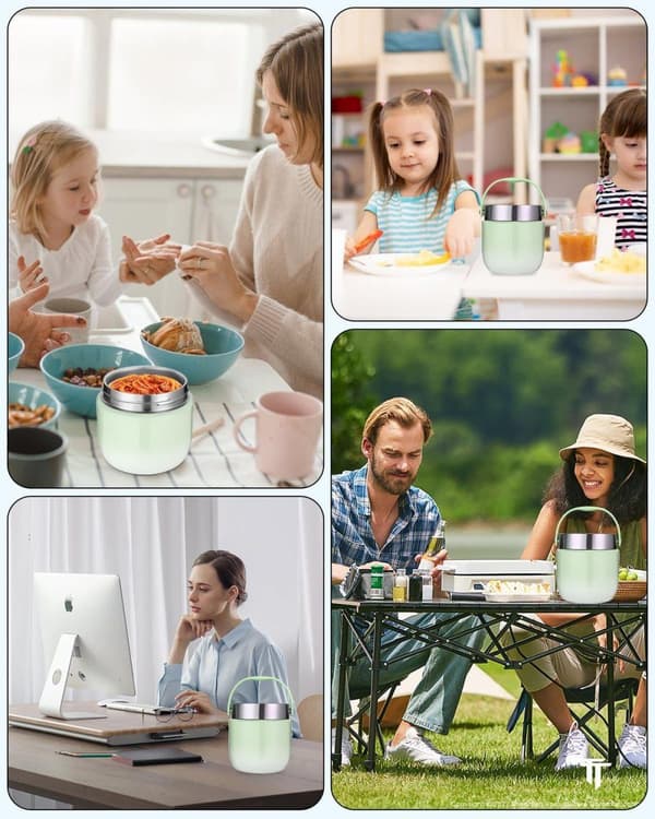 Madtermokande 1200 / 1500ml – Madkasse i rustfrit stål med låg, foldbar ske og opdelt design til supper, grød og is Grøn