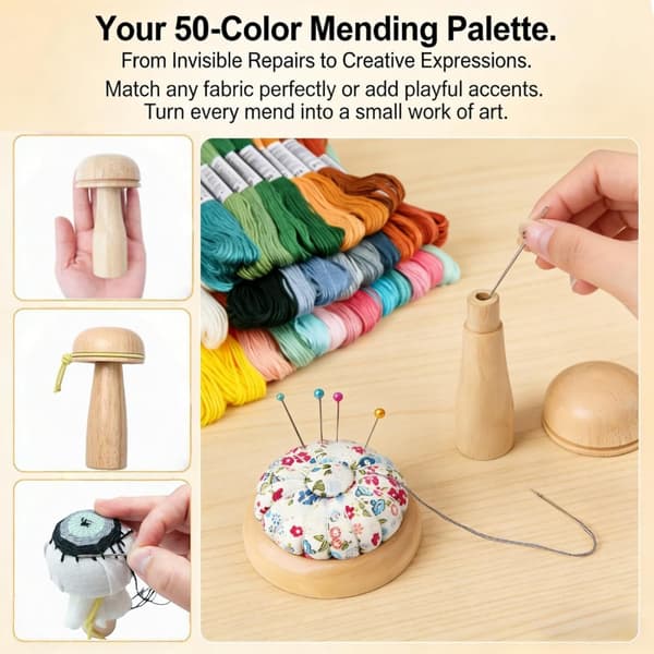 Complete Darning Loom With 14 Hooks, Premium Darning Mushroom, Full Darning Kit For Repairing Socks, Sweaters, Jeans, Includes 50 Colors Thread, Needles