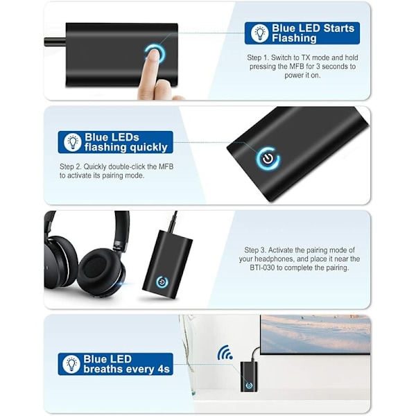 Bluetooth 5.0 sender mottaker og sender 2-i-1 trådløs Bluetooth adapter Dobbel 3,5 mm jack-tilkobling for hodetelefoner TV PC Datamaskin