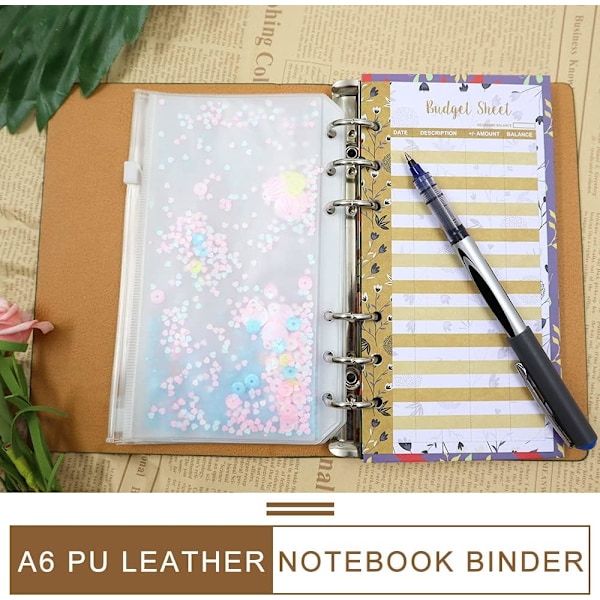 2-pack A6 PU Läder Notebook Pärm, 6 Ringar Budgetplanerare