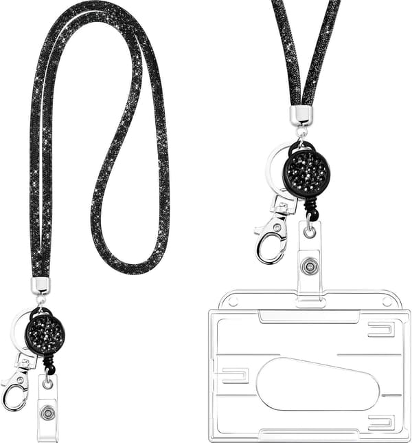Kortholder med lanyard, nøglering, krystallanyard, halskæde, ID-kortholder (sort){JSR}