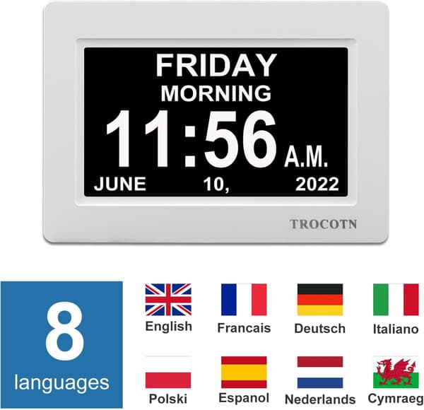 Digital klokke med dato og uke, kalender med ukedagsvisning (7 tommer hvit) White