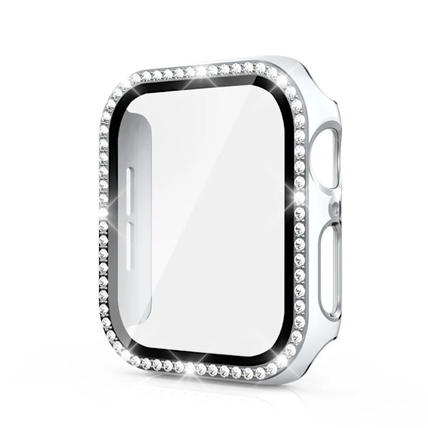 Bling Glass+Cover til Apple Watch Case 45mm 41mm 40mm 44mm 42mm 38mm Diamant Bumper+Skærmbeskytter iwatch serie 7 9 8 5 6 SE A Hvid sølv 566