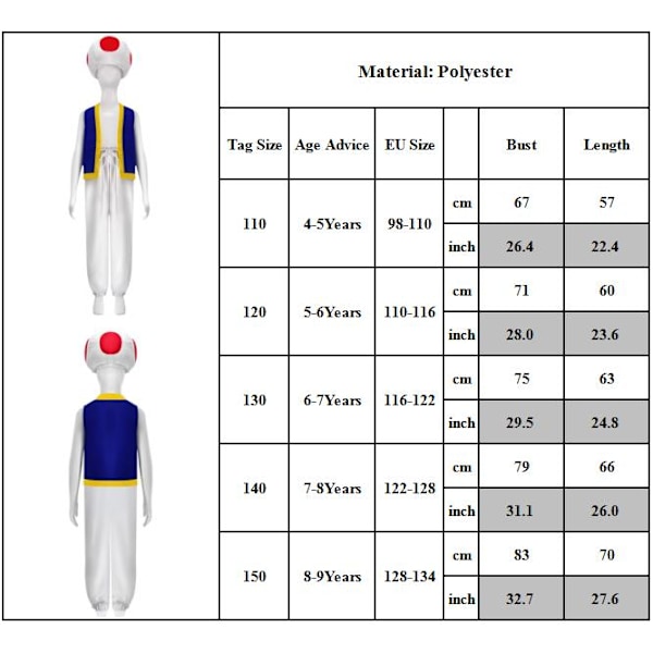 Junge Super Mario Toad Børn Drenge Cosplay Kostume Outfits Svampehat Halloween Rollespil 140cm