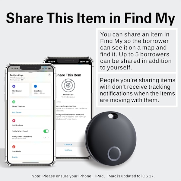 Matkatavaroiden paikannin, yhteensopiva Apple Find My -sovelluksen kanssa (vain iOS), avainten, matkatavaroiden, matkalaukkujen, lompakon etsijä, IP67 vedenpitävä, 2 kpl -FS1-