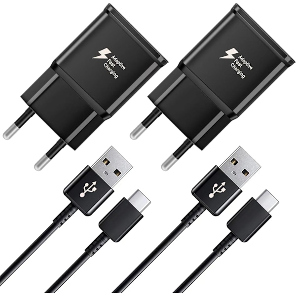 2 stk. hurtigopladere, 1,5 m kabel, kompatibel med Samsung Galaxy S22 S21 S20 S8 S10 S9 Plus Note 7 8 9 10 A53 LG, HTC 2-pack/black