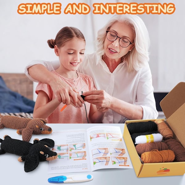 Crochet Kit för Nybörjare, Virkad Djur-Kit Komplett Tax Hund Virkning med Garn Krokar Nålar, Steg-för-steg Videoinstruktioner-X45-
