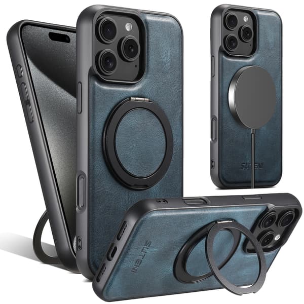 SUTENI Magnetisk Trådløs Ladeetui med 360° Roterende Ringstativ, Kunstskinn iPhone 15 Plus Blue