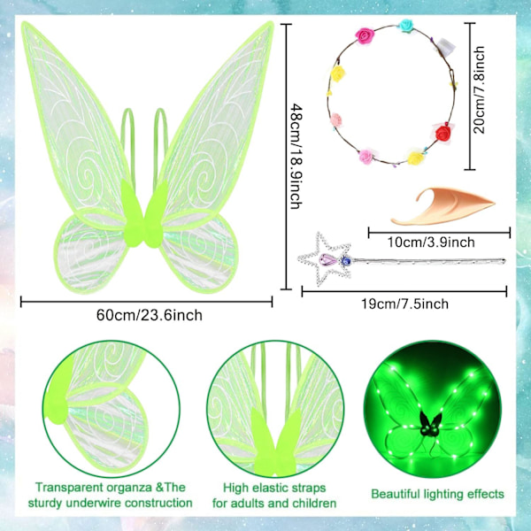 Glimtende Fe-vinger til Voksne, LED-Hårbånd til Karneval og Temafester Stjernegrøn Stjärngrön Stjärngrön