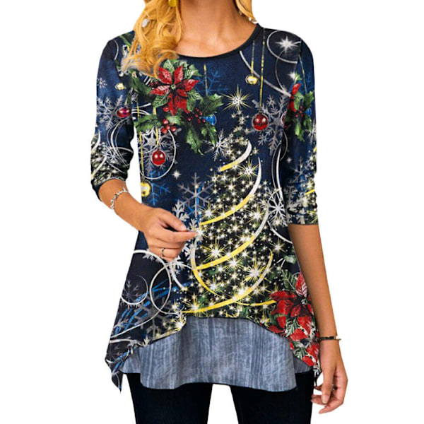Dame Juleprint T-shirt Løs Oversize Langærmet Top bule-FS2- bule 5XL