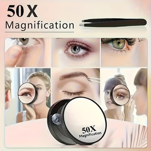 Forstørrelsesspejl 50X – Sugekop & Pincet, Perfekt til Præcisionsmakeup og Hårfjerning sort black