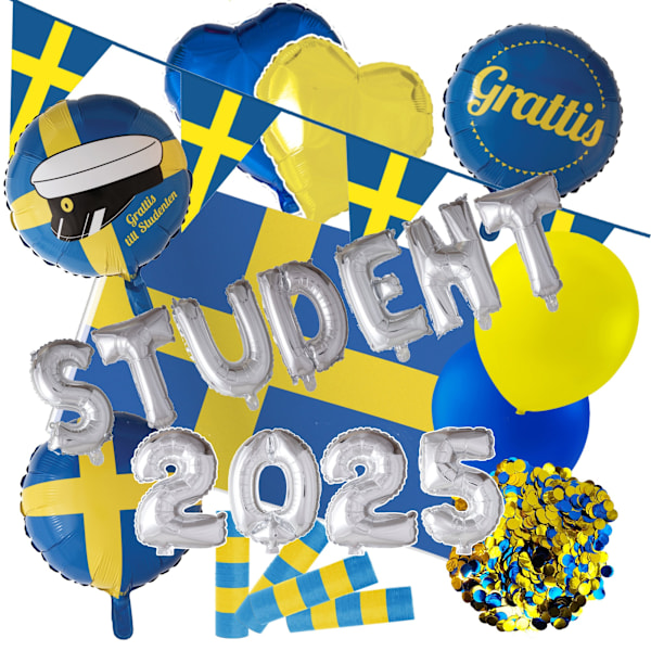 Student Dekorationspaket XL Gul & Blå Heliumballonger, Folieballonger, Konfetti, Serpentiner & Vimpelgirlang för Examen - Student