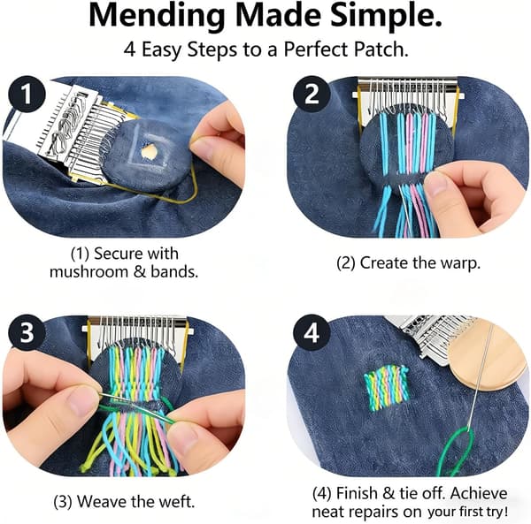 Complete Darning Loom With 14 Hooks, Premium Darning Mushroom, Full Darning Kit For Repairing Socks, Sweaters, Jeans, Includes 50 Colors Thread, Needles