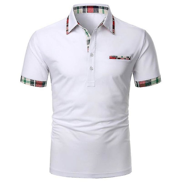 Men's casual short-sleeved plaid collar polo shirt white XL size